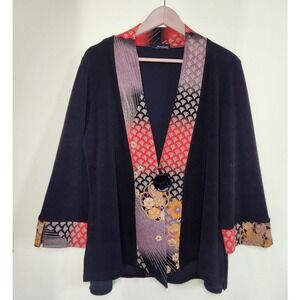 Moonlight Cardigan Women L Black Kimono Floral Print Jacket Artsy Lagenlook Boho